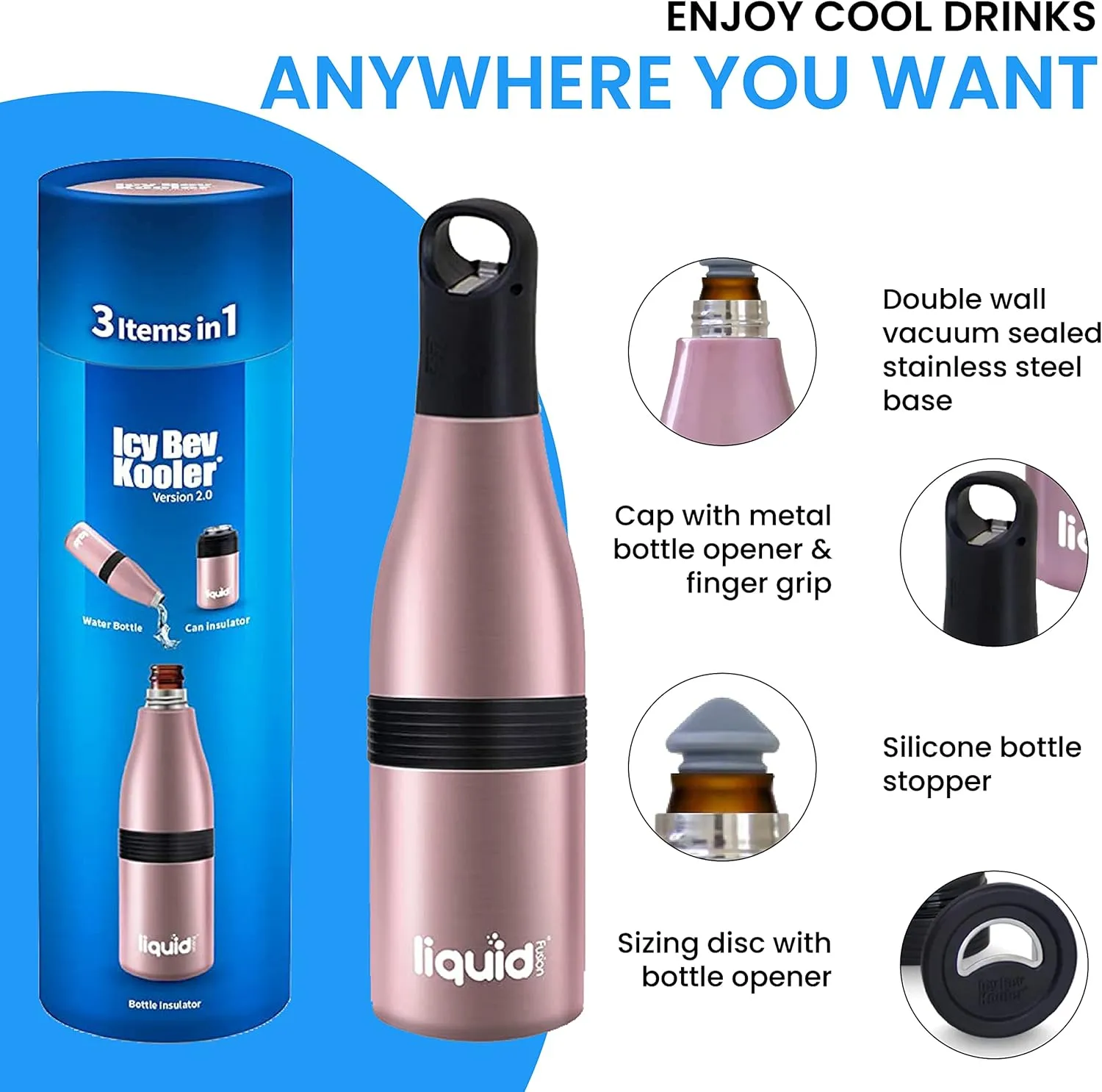 Multi-Function Beer Bottle Insulator. Stainles Steel Bottle Cooler for 12 oz Glass Bottles, Regular Cans or Skinny Cans. Coffee Tumbler, Water bottle or Can Sleeve. (Rose Gold, 3 in 1)