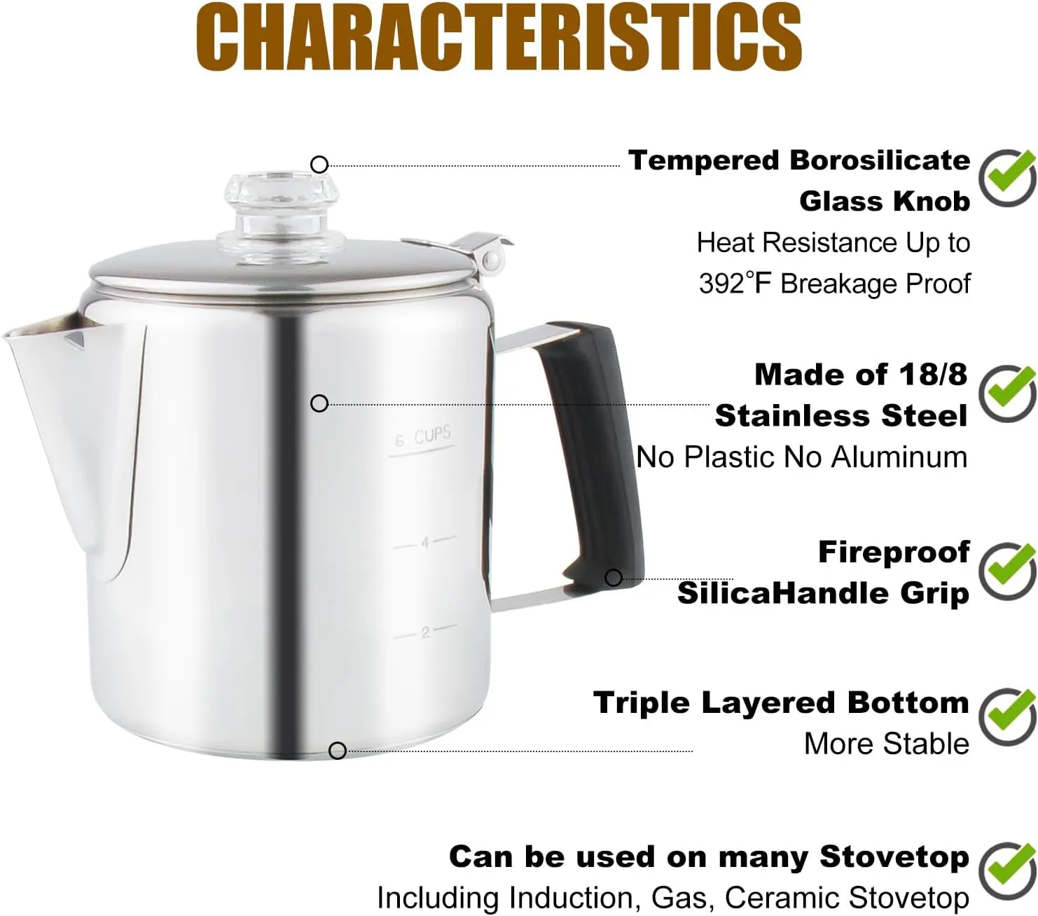 Multi Use 6 Cup Coffee Pot Bundle Coffee Percolator with 2 Mugs Stainless Steel Coffee Maker with Two Heat Resistant Tough Borosilicate Glass Knob Fireproof Silica Handle Using on any Stovetop