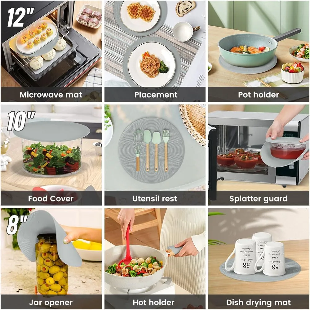 Multi-use Microwave Mat, 3 Pack Trivets, Hot Pad, Pot Holders, Place Mat, Utensils Rest, Silicone Cover Pad for Kitchen Counter (Non-Slip, Heat Resistant, Dishwasher Safe)