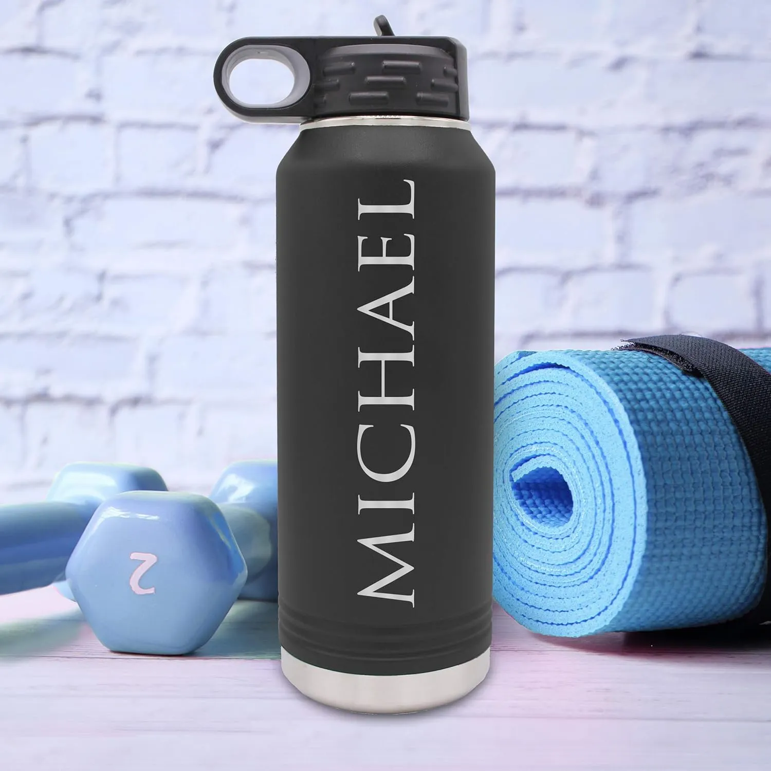My Personal Memories Custom Personalized Premium 32 oz Vacuum Insulated Powder Coated Stainless Steel Sports Water Bottle with Straw for Workouts, Yoga, Gym, Work, Women, Men, Him, Her (Black)