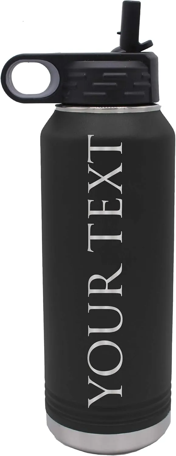 My Personal Memories Custom Personalized Premium 32 oz Vacuum Insulated Powder Coated Stainless Steel Sports Water Bottle with Straw for Workouts, Yoga, Gym, Work, Women, Men, Him, Her (Black)