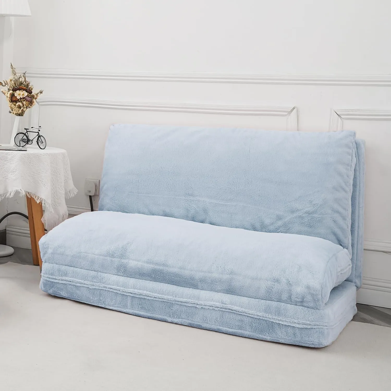 N&V Folding Matress Sofa Bean Bag Bed, Foam Filling Folding Matress Sofa, Includes Removable and Machine Washable Cover, Soft Premium Faux Fur (Medium, Grey)