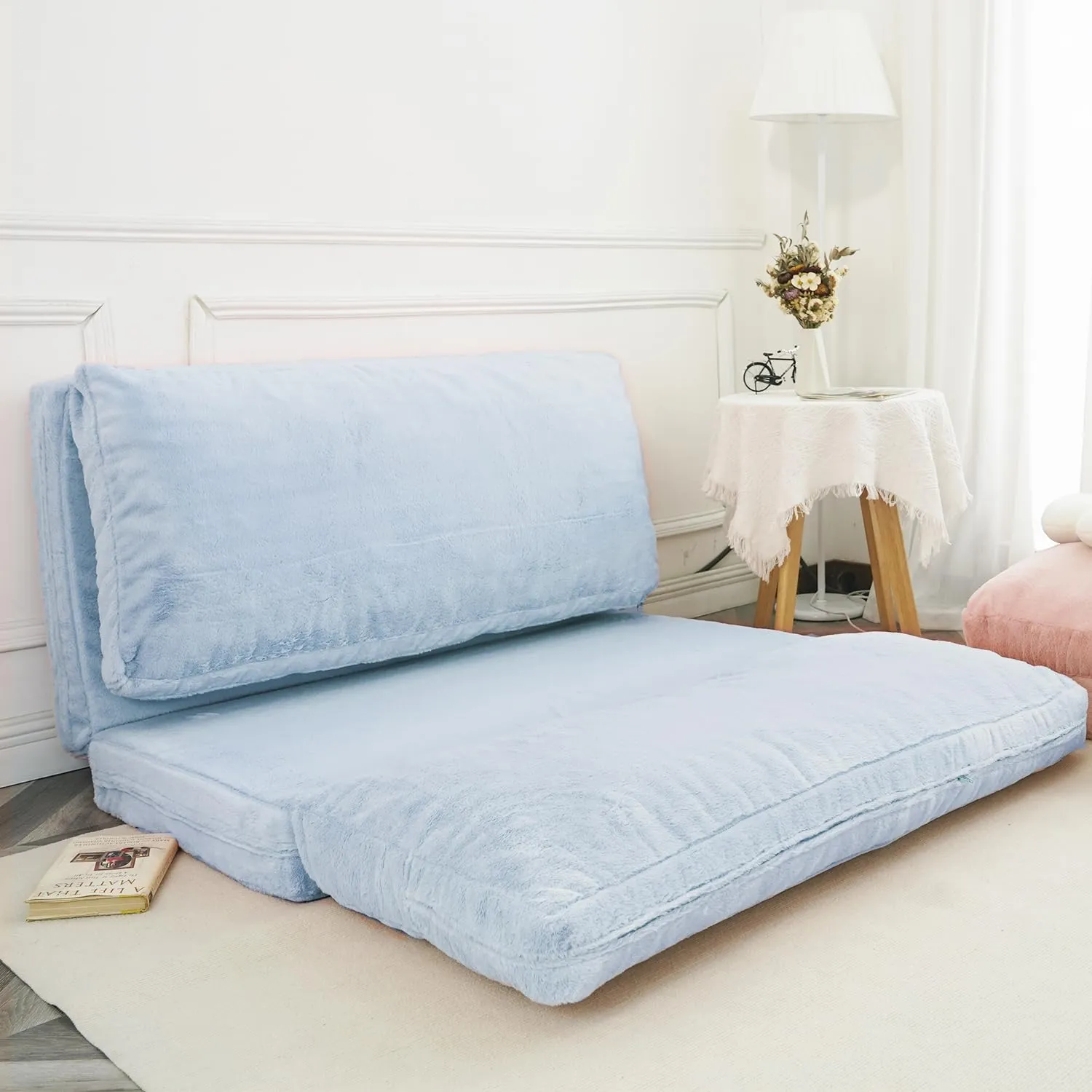 N&V Folding Matress Sofa Bean Bag Bed, Foam Filling Folding Matress Sofa, Includes Removable and Machine Washable Cover, Soft Premium Faux Fur (Medium, Grey)
