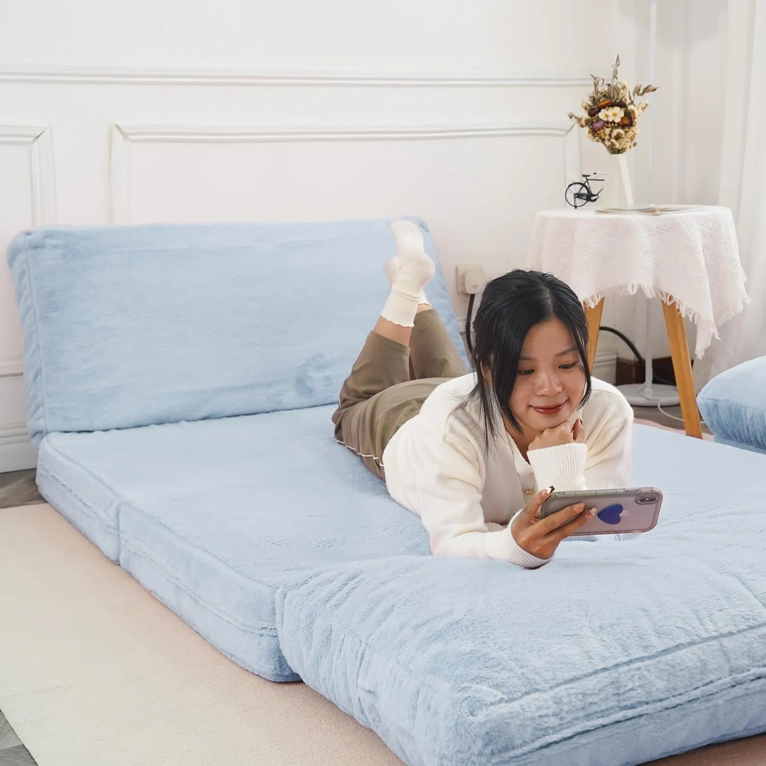N&V Folding Matress Sofa Bean Bag Bed, Foam Filling Folding Matress Sofa, Includes Removable and Machine Washable Cover, Soft Premium Faux Fur (Medium, Grey)