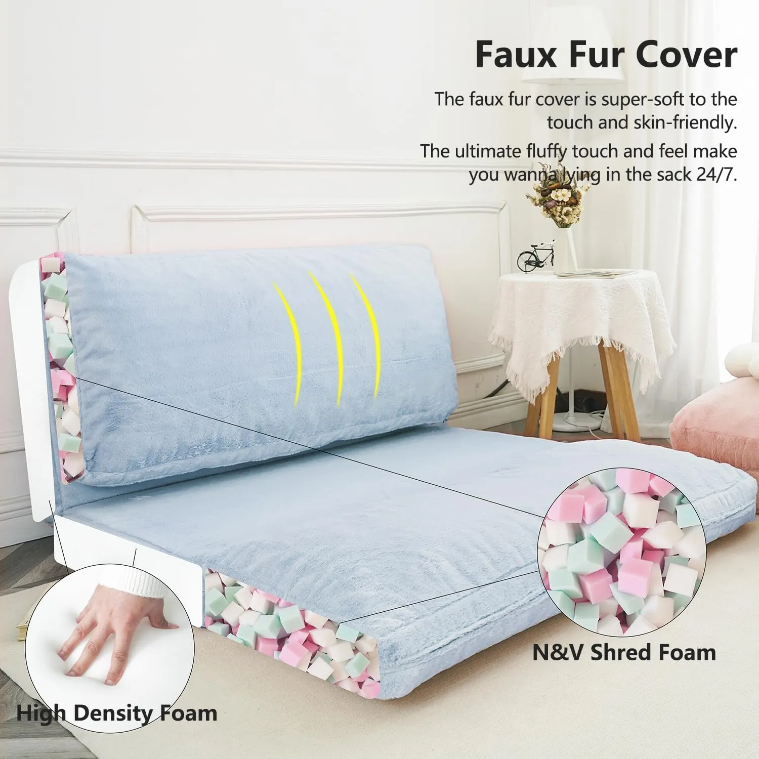 N&V Folding Matress Sofa Bean Bag Bed, Foam Filling Folding Matress Sofa, Includes Removable and Machine Washable Cover, Soft Premium Faux Fur (Medium, Grey)