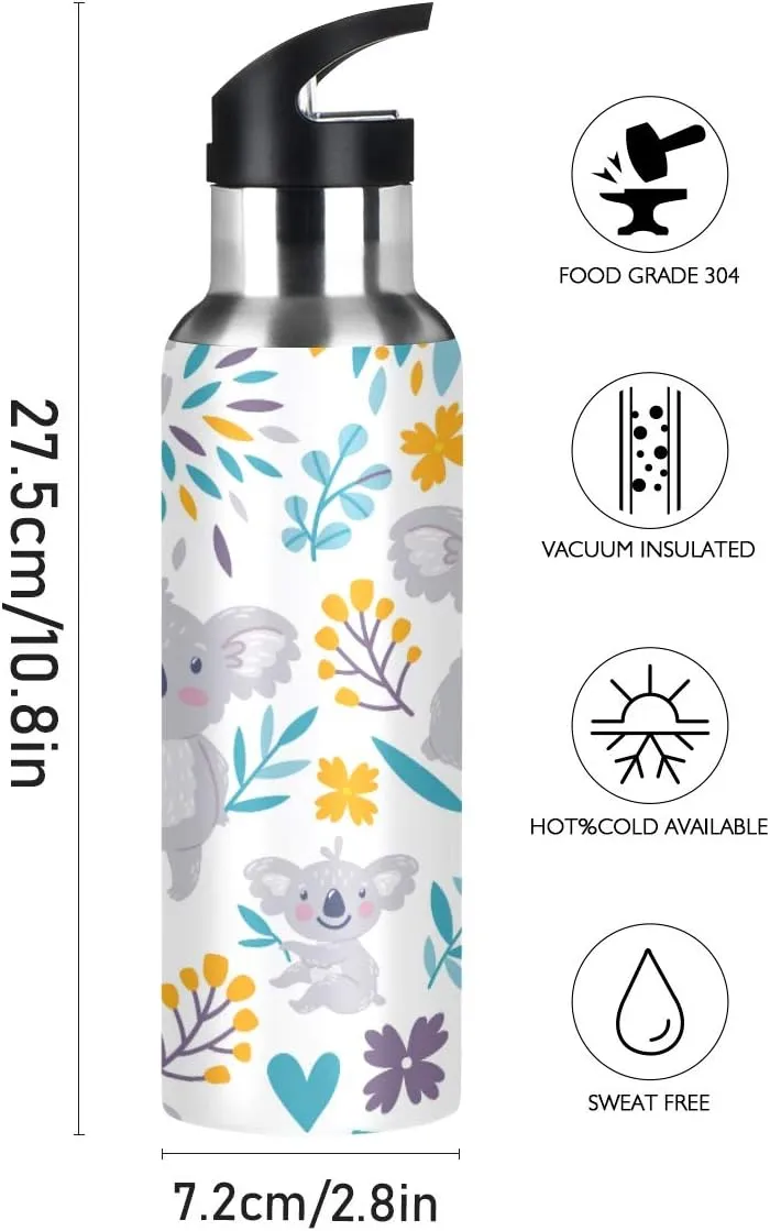 Nander Cute Koala Bears Water Bottle 22oz Double Wall Vacuum Insulated Leak Proof Stainless Steel Sports Water Bottle with Straw and Easy to Carry