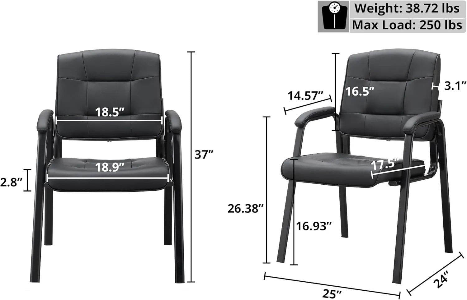 Naomi Home Office Guest and Reception Chairs with Extra Seating Area, Padded Arms and Back Support, Office Chair with No Wheels Set of 2, Silla de Oficina - Faux Leather, Black