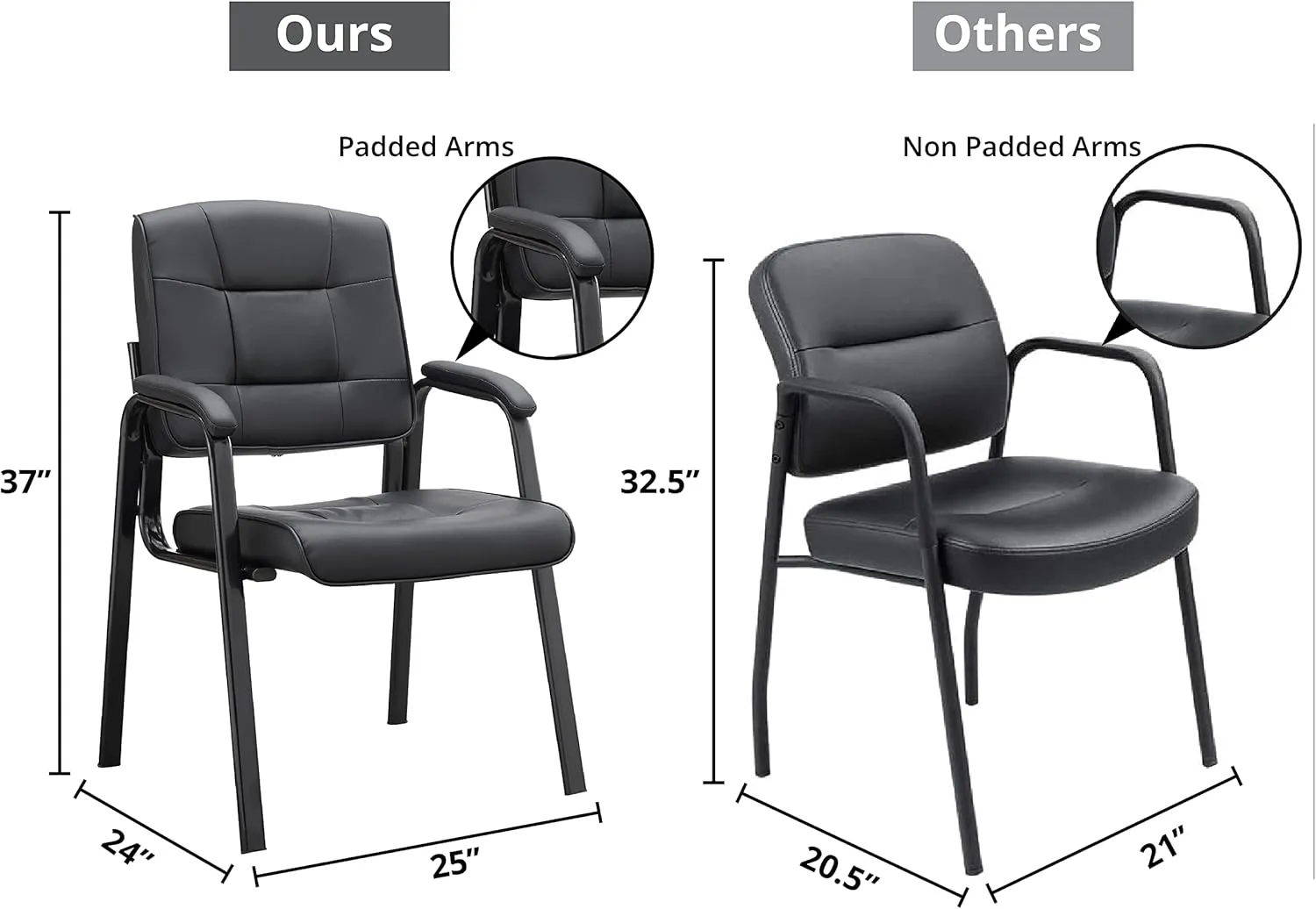 Naomi Home Office Guest and Reception Chairs with Extra Seating Area, Padded Arms and Back Support, Office Chair with No Wheels Set of 2, Silla de Oficina - Faux Leather, Black