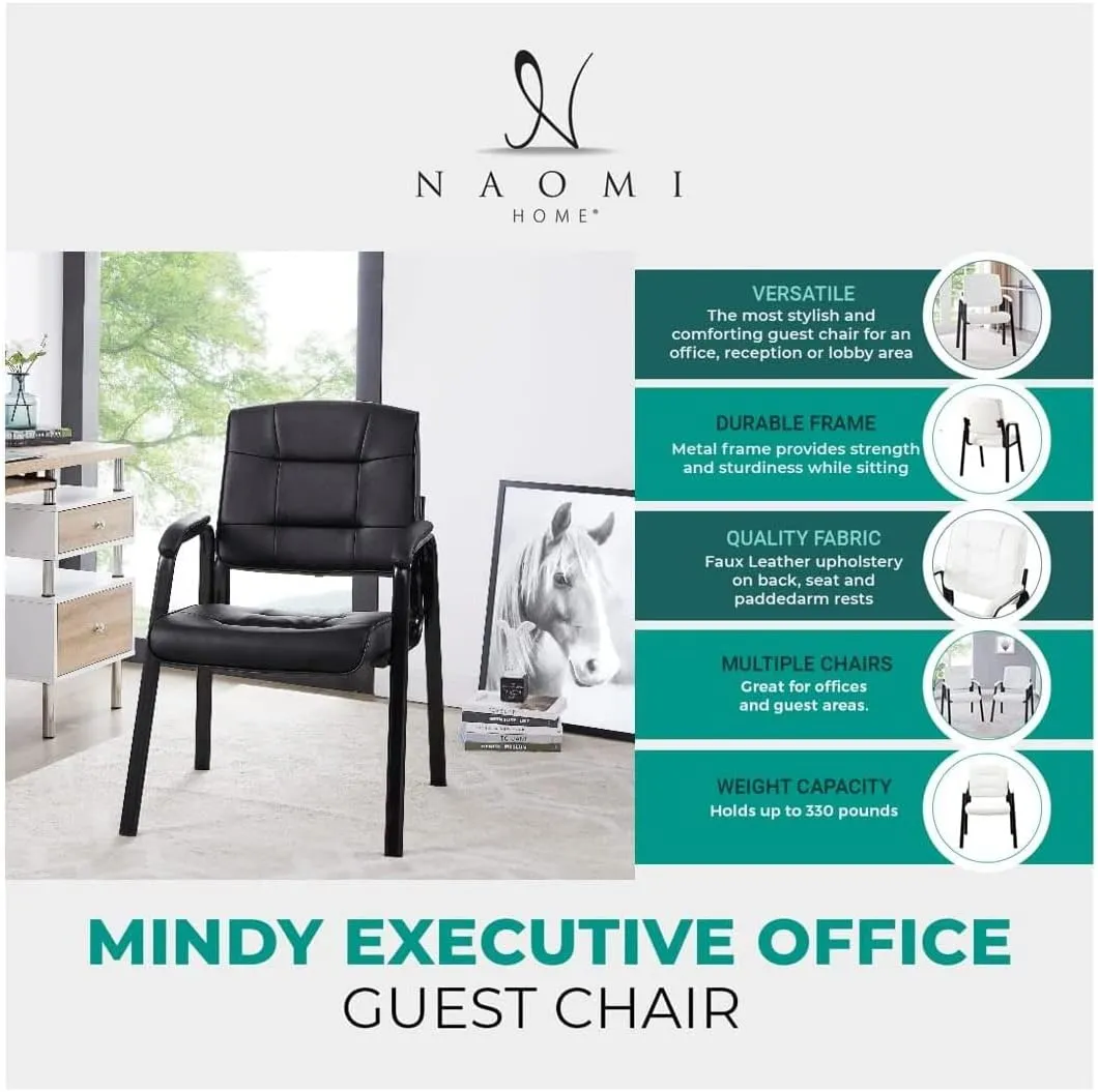 Naomi Home Office Guest and Reception Chairs with Extra Seating Area, Padded Arms and Back Support, Office Chair with No Wheels Set of 2, Silla de Oficina - Faux Leather, Black