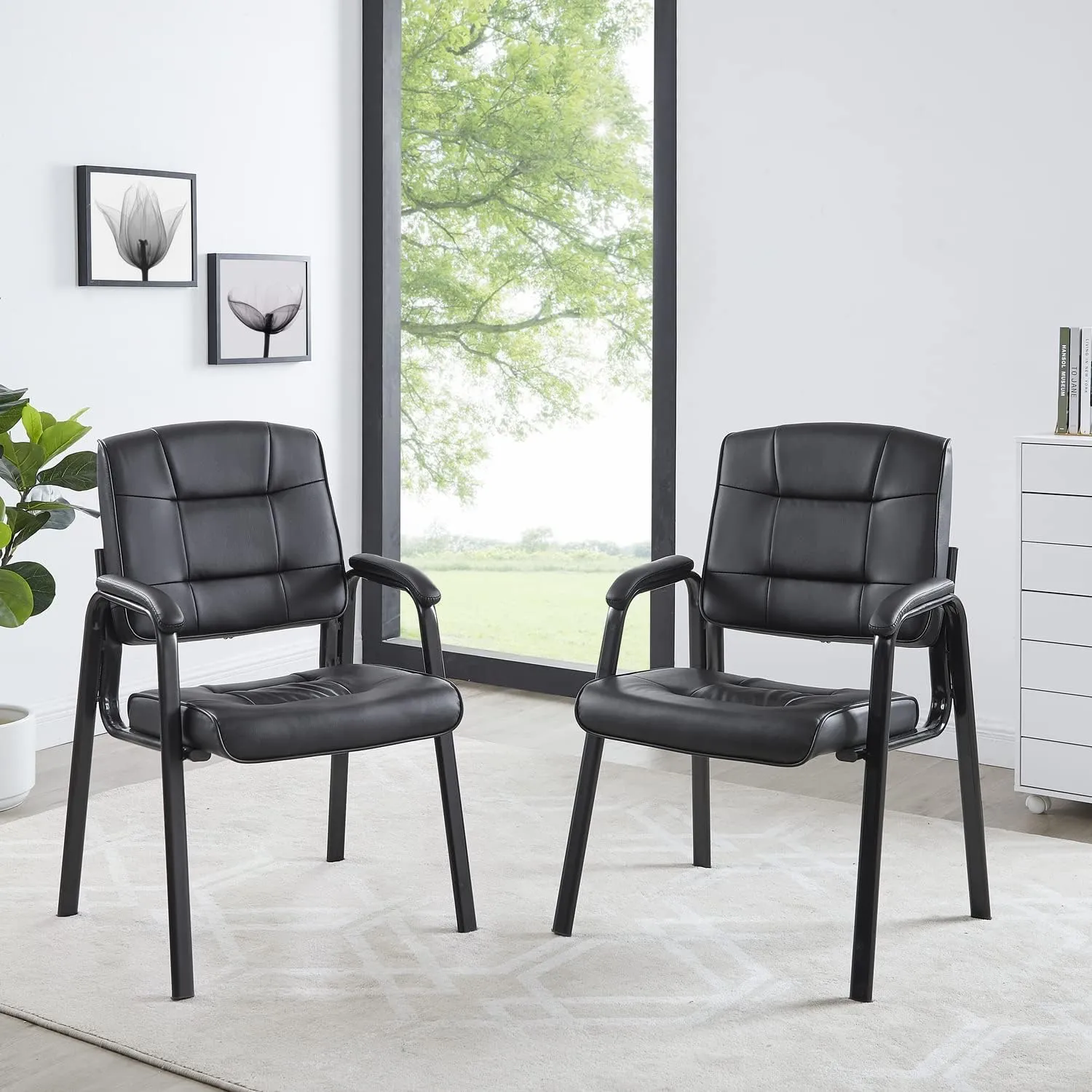Naomi Home Office Guest and Reception Chairs with Extra Seating Area, Padded Arms and Back Support, Office Chair with No Wheels Set of 2, Silla de Oficina - Faux Leather, Black