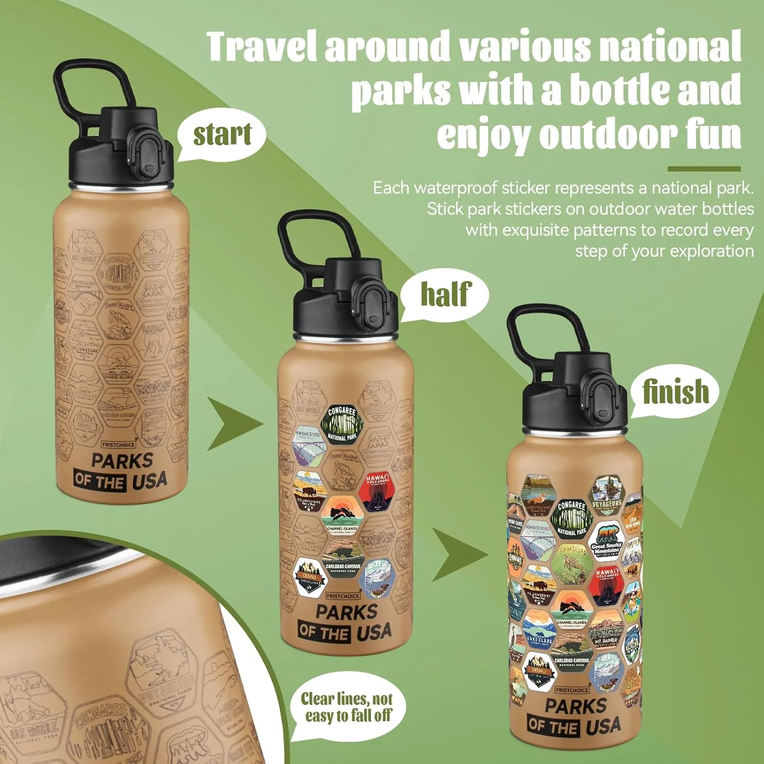 National Parks Water Bottle with 63 Waterproof Stickers,32oz Double Wall Vacuum Stainless Steel Wide Mouth Insulated Travel Water Bottle with Spout Lid,BPA-free and Leak-proof (32oz,Mocha)