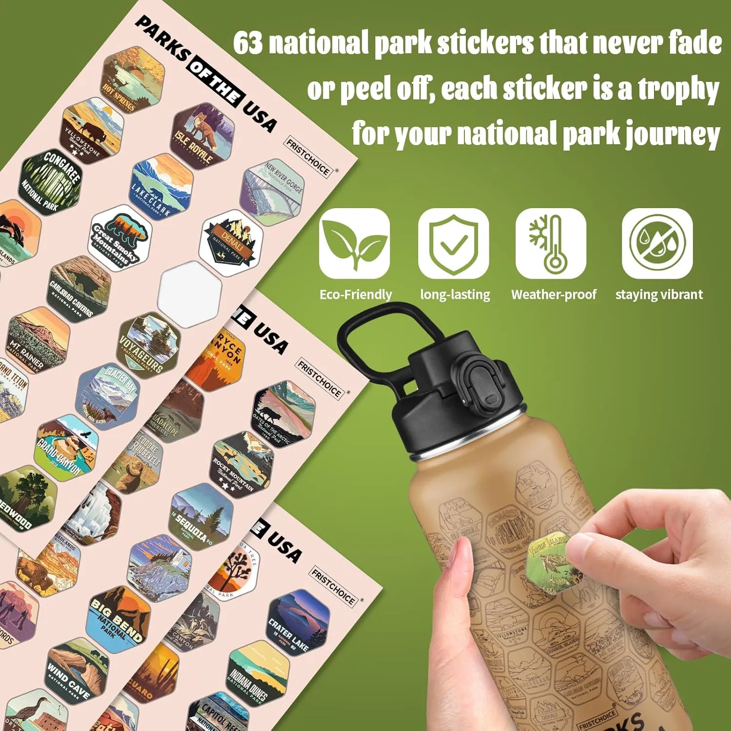 National Parks Water Bottle with 63 Waterproof Stickers,32oz Double Wall Vacuum Stainless Steel Wide Mouth Insulated Travel Water Bottle with Spout Lid,BPA-free and Leak-proof (32oz,Mocha)