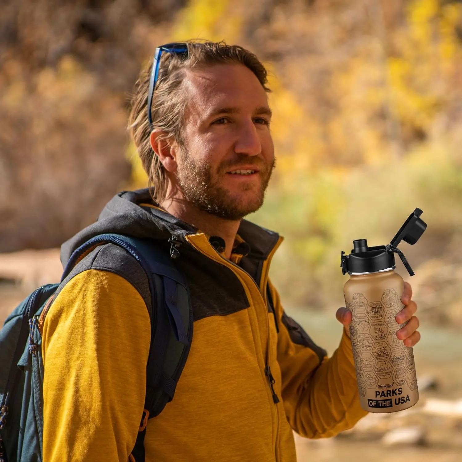 National Parks Water Bottle with 63 Waterproof Stickers,32oz Double Wall Vacuum Stainless Steel Wide Mouth Insulated Travel Water Bottle with Spout Lid,BPA-free and Leak-proof (32oz,Mocha)