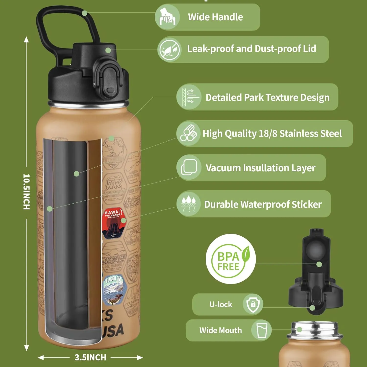 National Parks Water Bottle with 63 Waterproof Stickers,32oz Double Wall Vacuum Stainless Steel Wide Mouth Insulated Travel Water Bottle with Spout Lid,BPA-free and Leak-proof (32oz,Mocha)