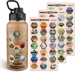National Parks Water Bottle with 63 Waterproof Stickers,32oz Double Wall Vacuum Stainless Steel Wide Mouth Insulated Travel Water Bottle with Spout Lid,BPA-free and Leak-proof (32oz,Mocha)