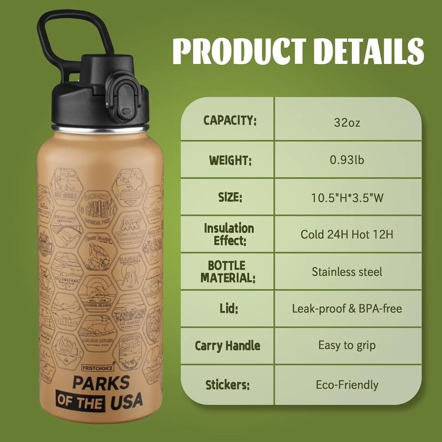National Parks Water Bottle with 63 Waterproof Stickers,32oz Double Wall Vacuum Stainless Steel Wide Mouth Insulated Travel Water Bottle with Spout Lid,BPA-free and Leak-proof (32oz,Mocha)