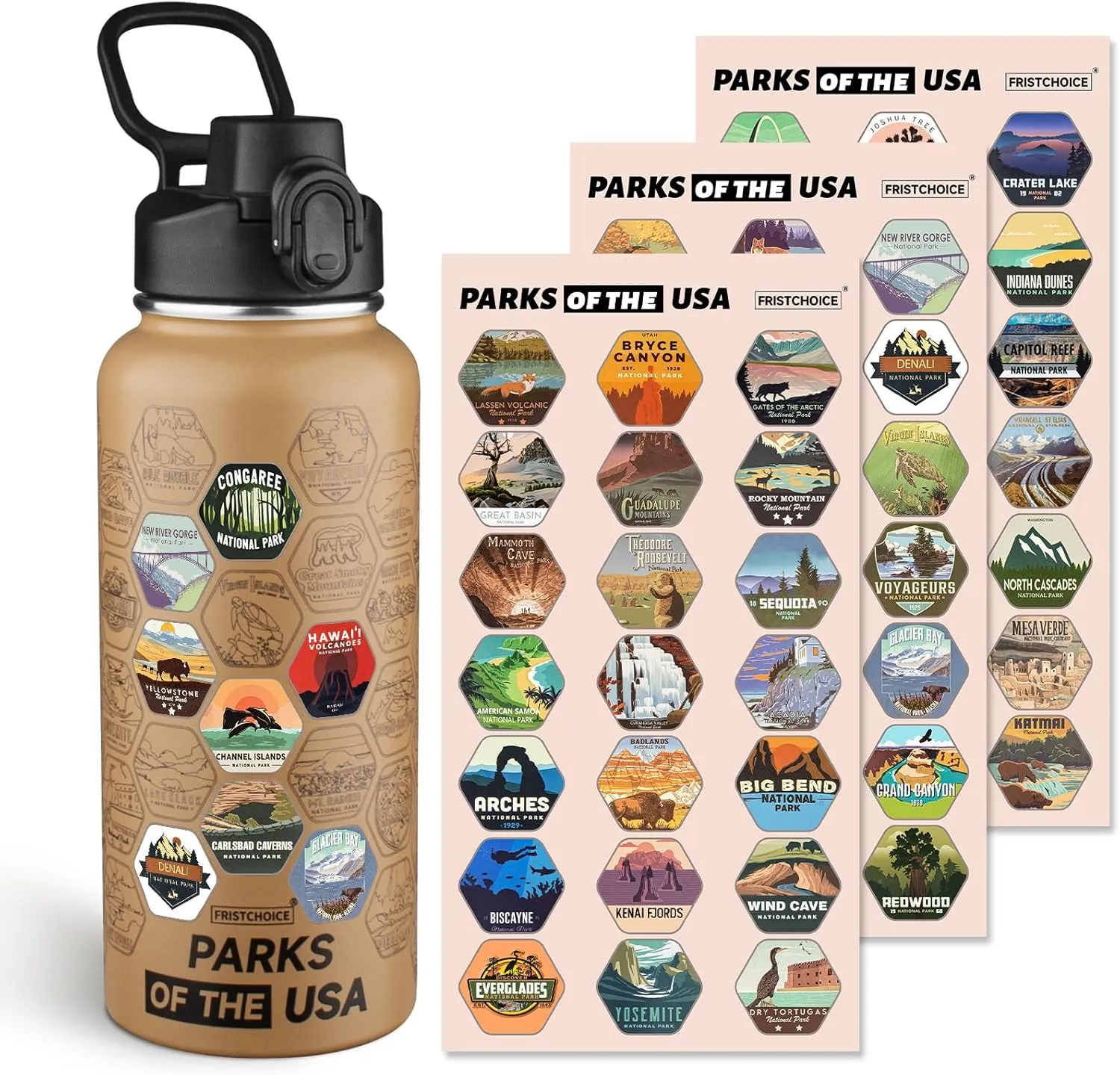 National Parks Water Bottle with 63 Waterproof Stickers,32oz Double Wall Vacuum Stainless Steel Wide Mouth Insulated Travel Water Bottle with Spout Lid,BPA-free and Leak-proof (32oz,Mocha)