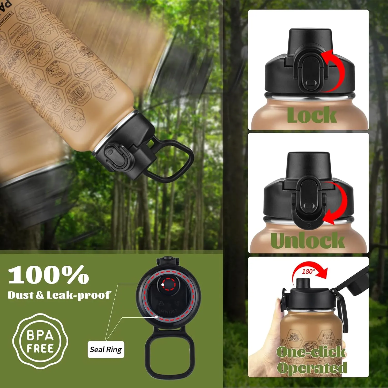 National Parks Water Bottle with 63 Waterproof Stickers,32oz Double Wall Vacuum Stainless Steel Wide Mouth Insulated Travel Water Bottle with Spout Lid,BPA-free and Leak-proof (32oz,Mocha)