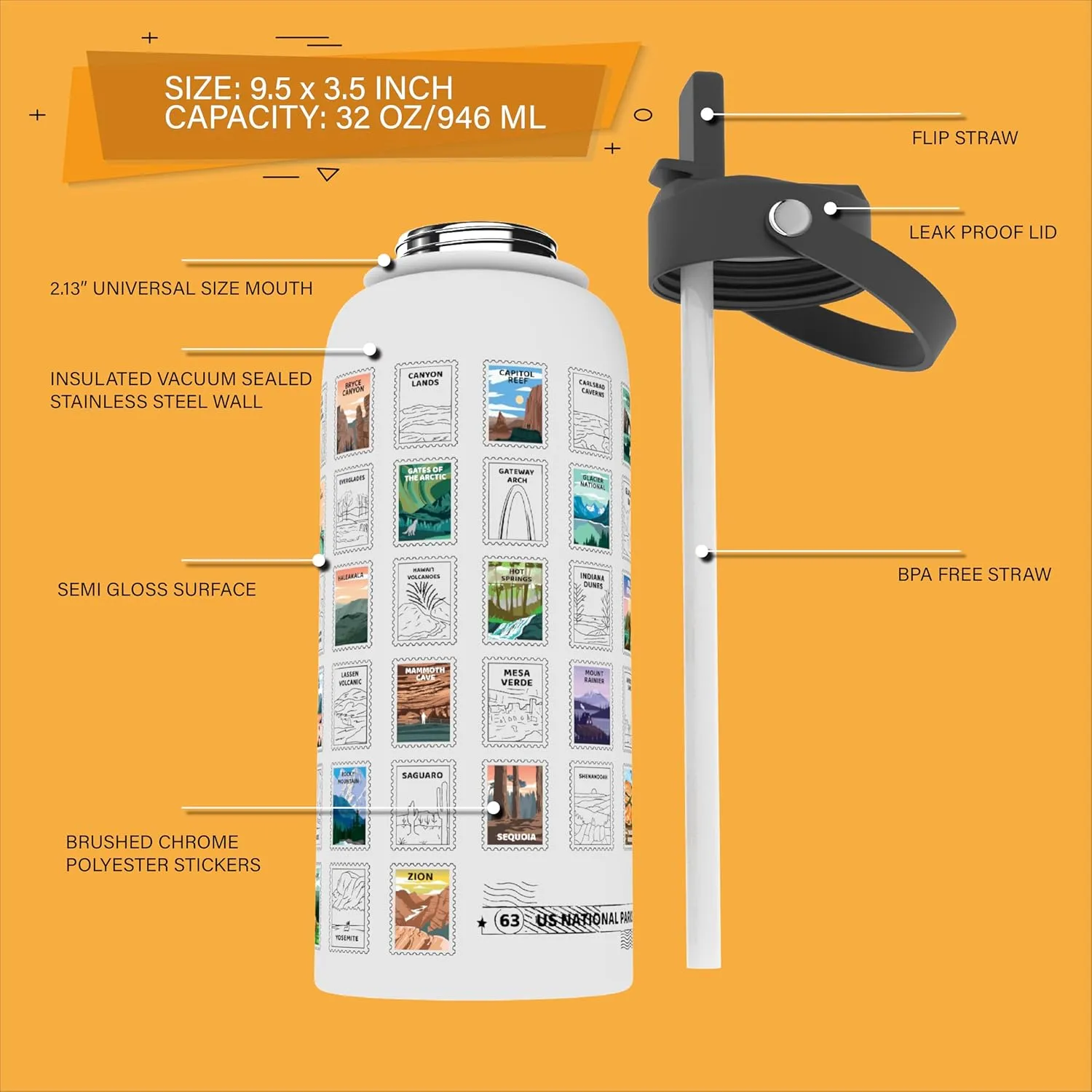 National Parks Water Bottle With Waterproof Stickers Wrap Around- Stainless Steel Insulated Vacuum Sealed 32 oz With Leak Proof Lid (National Park WHITE)