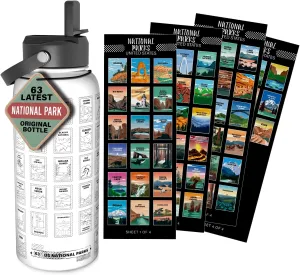 National Parks Water Bottle With Waterproof Stickers Wrap Around- Stainless Steel Insulated Vacuum Sealed 32 oz With Leak Proof Lid (National Park WHITE)