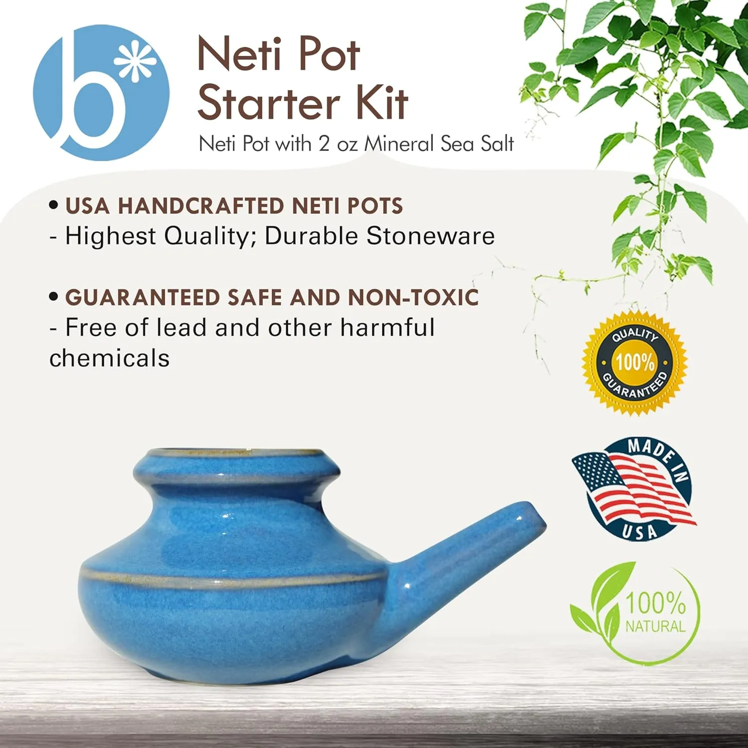 Neti Pot Tool Kit - Snoring & Saline Solution, Handcrafted Ceramic Dishwasher Safe with 2oz Mineral Sea Salt for Nose Cleaning & Sinus Rinse Perfect for Allergy Relief in Adults & Kids (Blue)