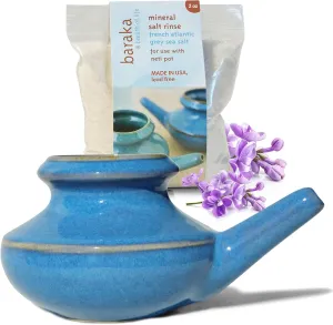 Neti Pot Tool Kit - Snoring & Saline Solution, Handcrafted Ceramic Dishwasher Safe with 2oz Mineral Sea Salt for Nose Cleaning & Sinus Rinse Perfect for Allergy Relief in Adults & Kids (Blue)