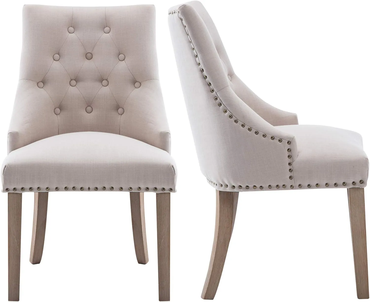NOBPEINT Dining Chair Beige Fabric Leisure Padded Ring Chair, Nailed Trim, Set of 2