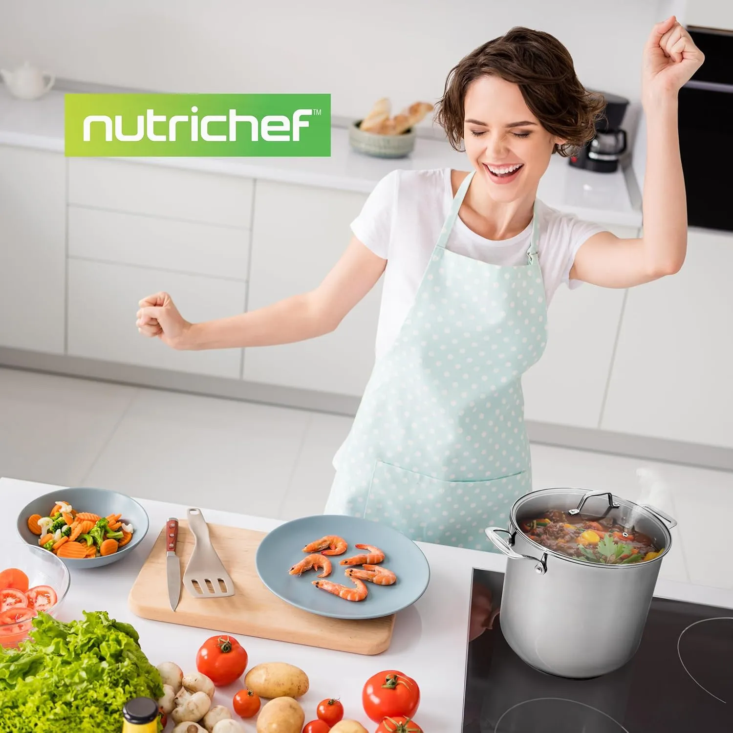 NutriChef 19-Quart Stainless Steel Stockpot – 18/8 Food Grade Heavy-Duty Induction-Compatible Pot with See-Through Lid, Ideal for Stews, Broths, Simmering & Soups, Dishwasher Safe – NCSP20