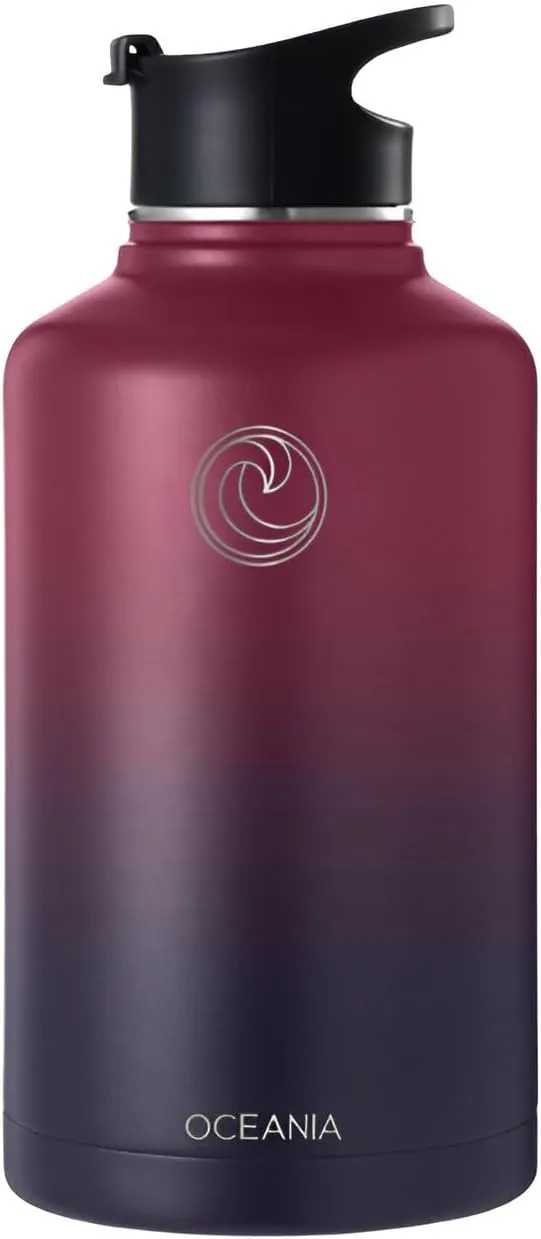 Oceania Flask 64oz Stainless Steel Water Bottles | Modern, Leakproof, Hydro BPA-Free, Insulated Water Bottle with 3 Lids, 3 Straws & 2 Straw Cleaning Brushes | Simple Camping & Hiking Water Bottles