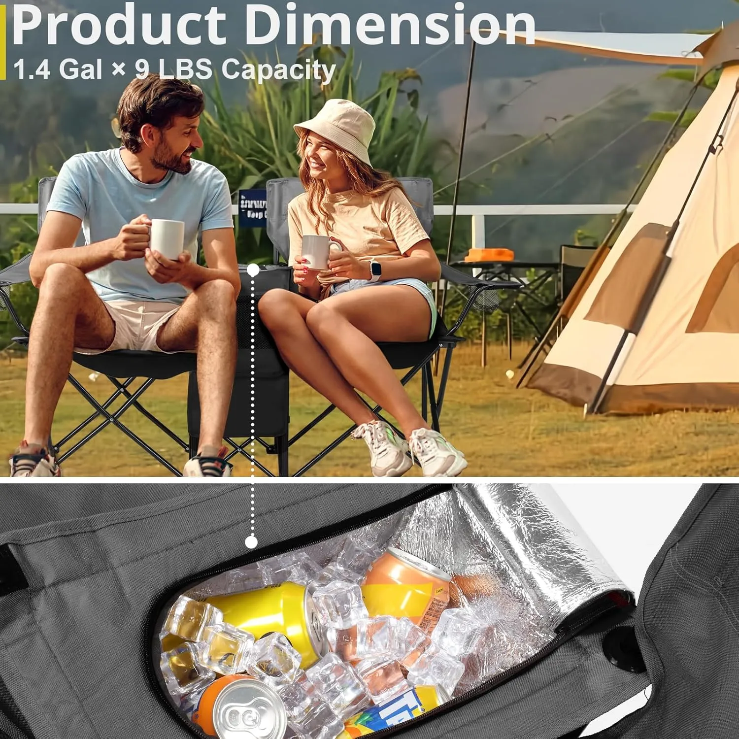 Ochine Double Camping Chair with Umbrella, Folding Loveseat Chairs with Canopy Shade, Table Beverage Holder and Storage Bag, Double Rocker Chair Outdoor for Camping, Beach, Picnic