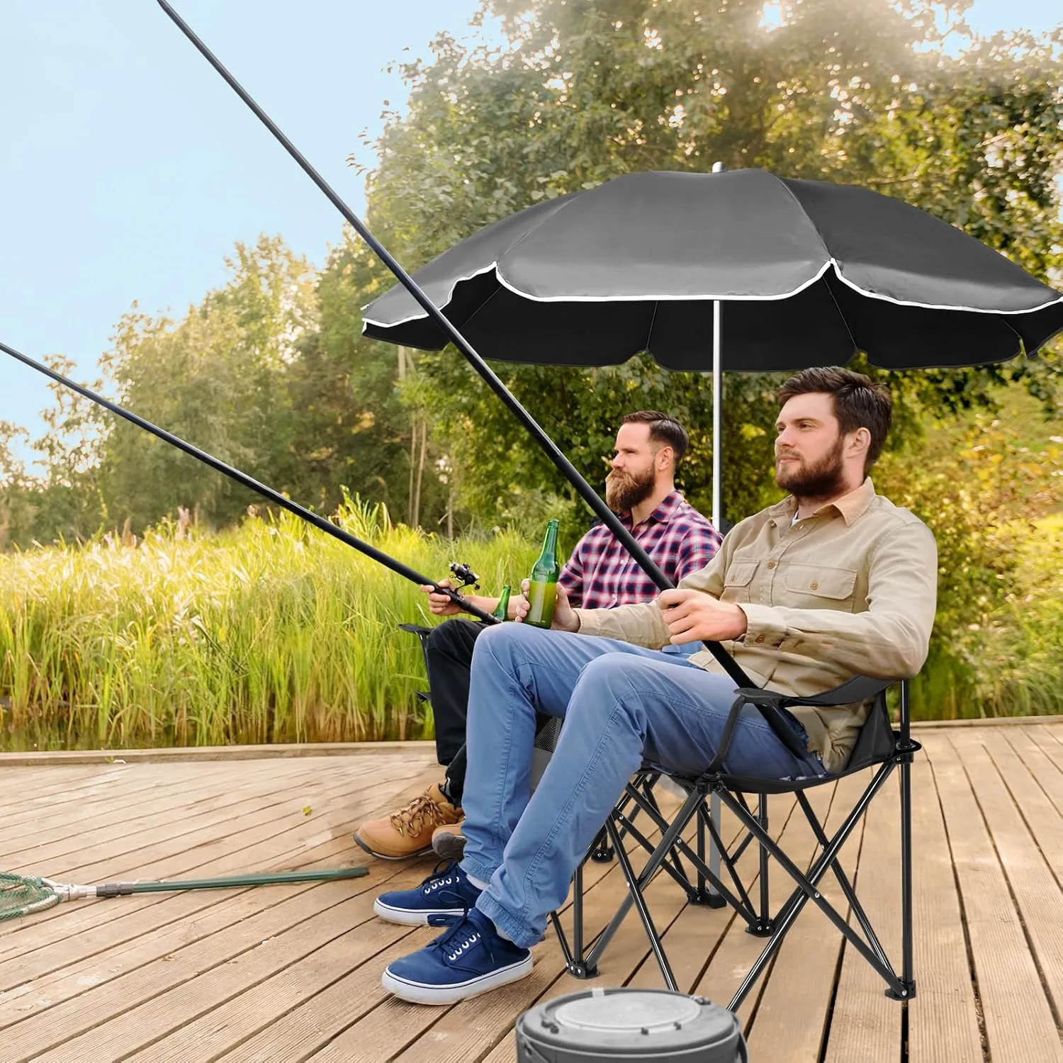 Ochine Double Camping Chair with Umbrella, Folding Loveseat Chairs with Canopy Shade, Table Beverage Holder and Storage Bag, Double Rocker Chair Outdoor for Camping, Beach, Picnic
