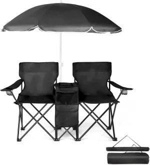 Ochine Double Camping Chair with Umbrella, Folding Loveseat Chairs with Canopy Shade, Table Beverage Holder and Storage Bag, Double Rocker Chair Outdoor for Camping, Beach, Picnic
