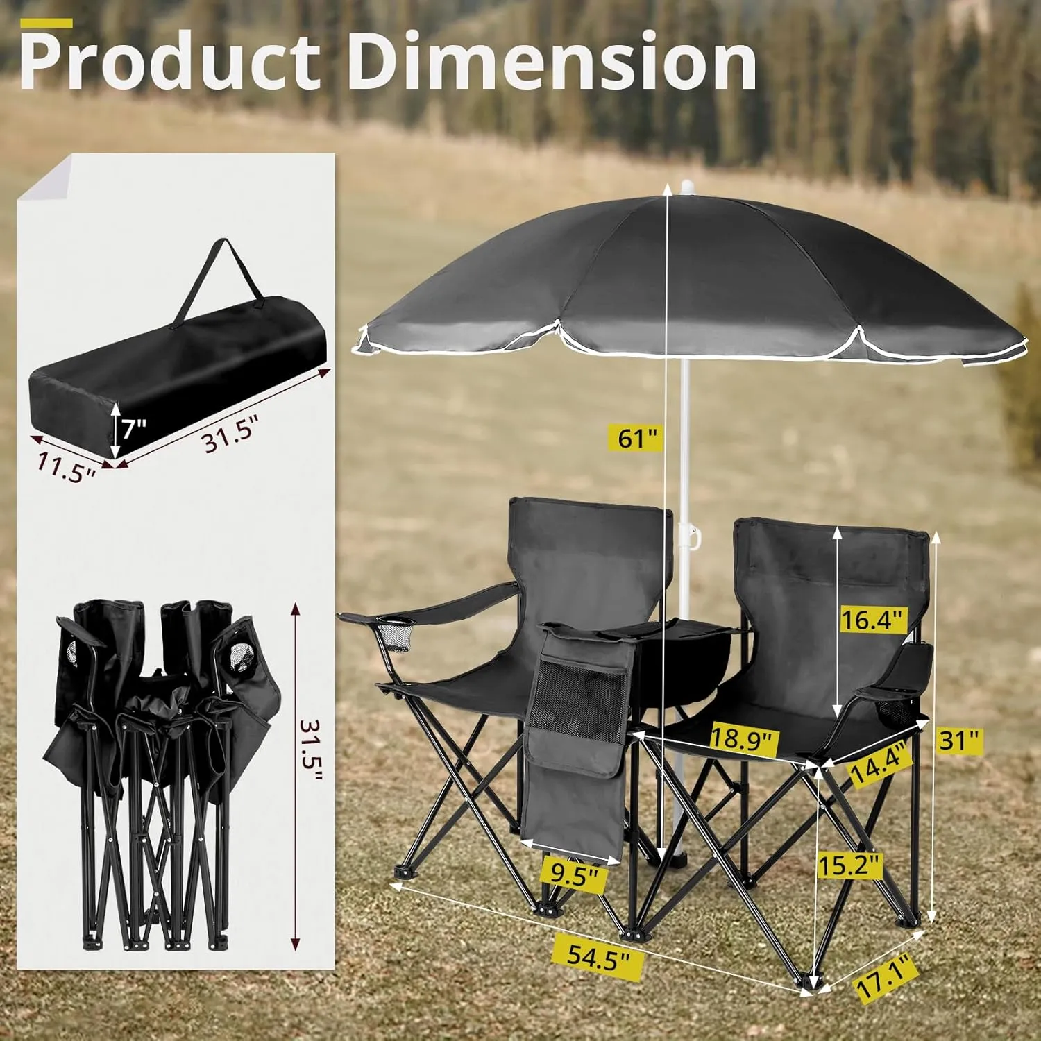 Ochine Double Camping Chair with Umbrella, Folding Loveseat Chairs with Canopy Shade, Table Beverage Holder and Storage Bag, Double Rocker Chair Outdoor for Camping, Beach, Picnic