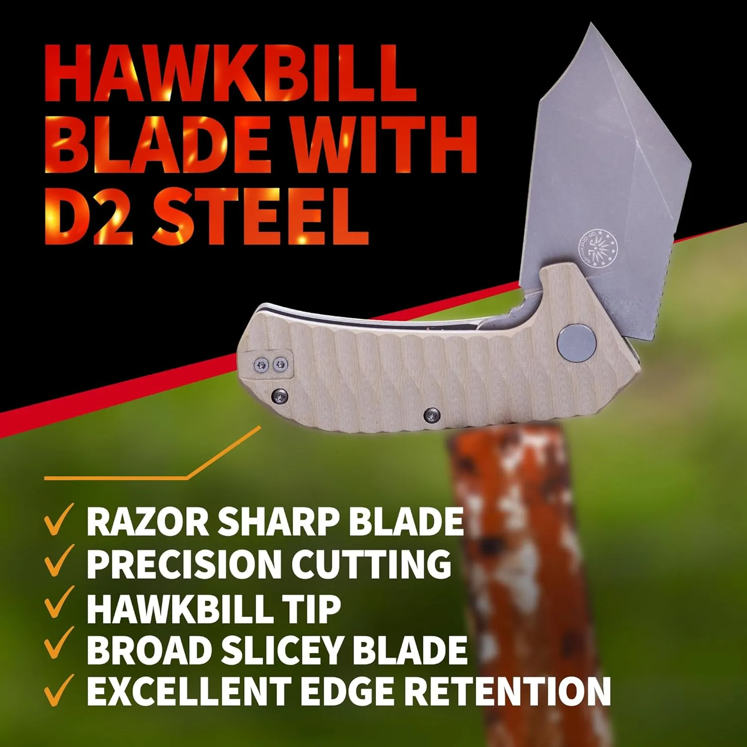 Off-Grid Knives - Raptor EDC Folding Knife with Tumbled Gray D2 Steel, Coyote Tan G10, Bearings, Deep Carry Left & Right, Hawkbill Tip, Stout Everyday Carry