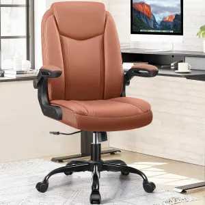 Office Chair Ergonomic Computer Desk Chair, Executive Leather Office Chair with Adjustable Flip-up Armrests Height, Swivel Task Chair with Lumbar Support Rocking Function for Home Office(Brown)