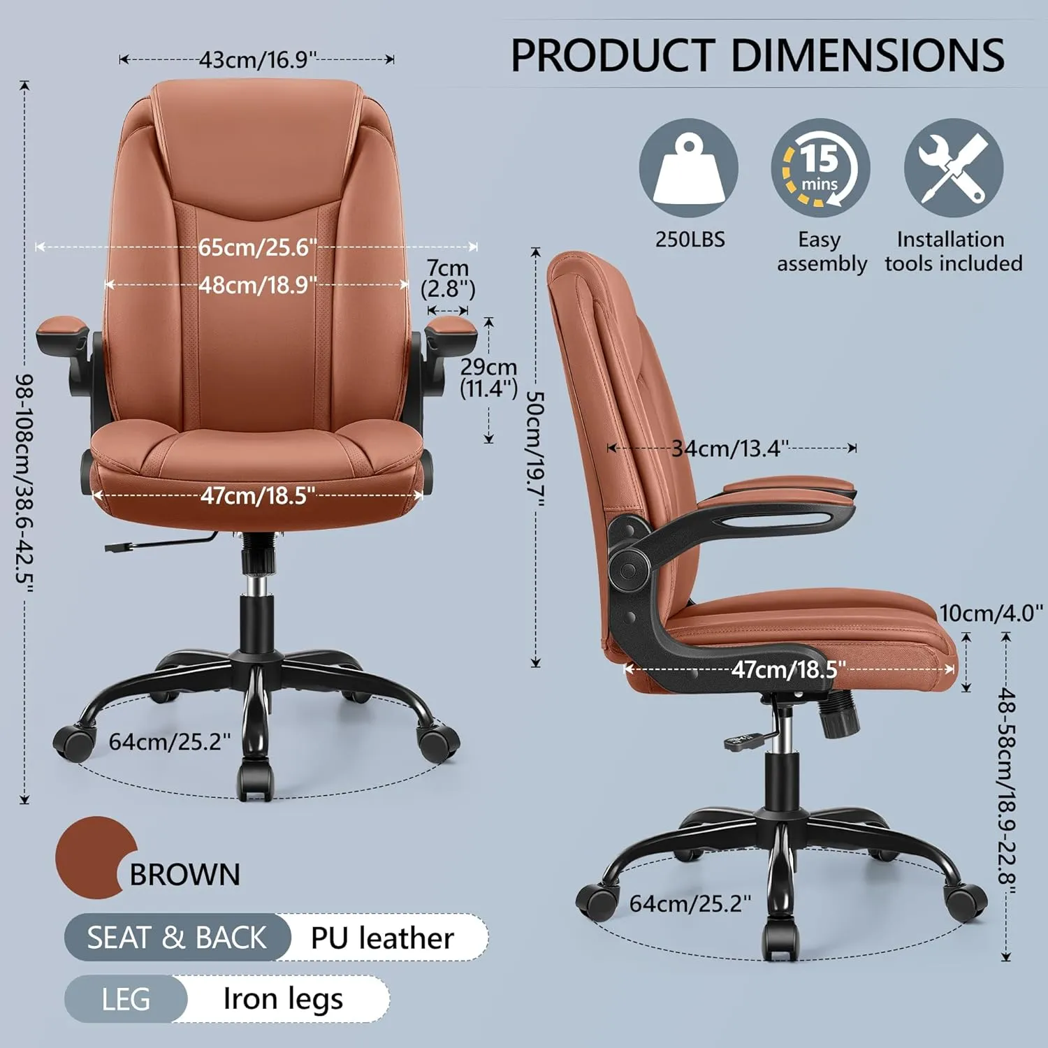 Office Chair Ergonomic Computer Desk Chair, Executive Leather Office Chair with Adjustable Flip-up Armrests Height, Swivel Task Chair with Lumbar Support Rocking Function for Home Office(Brown)
