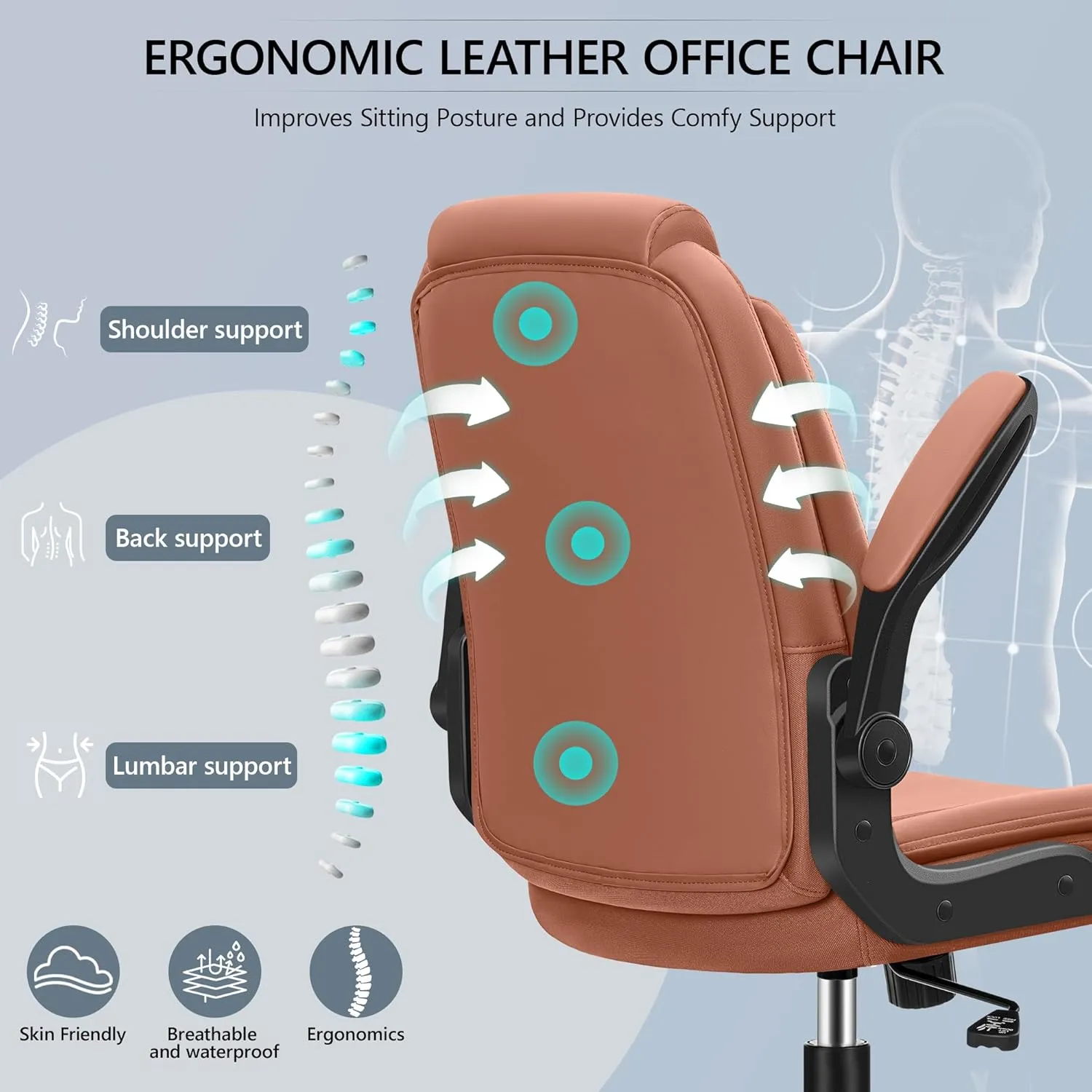 Office Chair Ergonomic Computer Desk Chair, Executive Leather Office Chair with Adjustable Flip-up Armrests Height, Swivel Task Chair with Lumbar Support Rocking Function for Home Office(Brown)