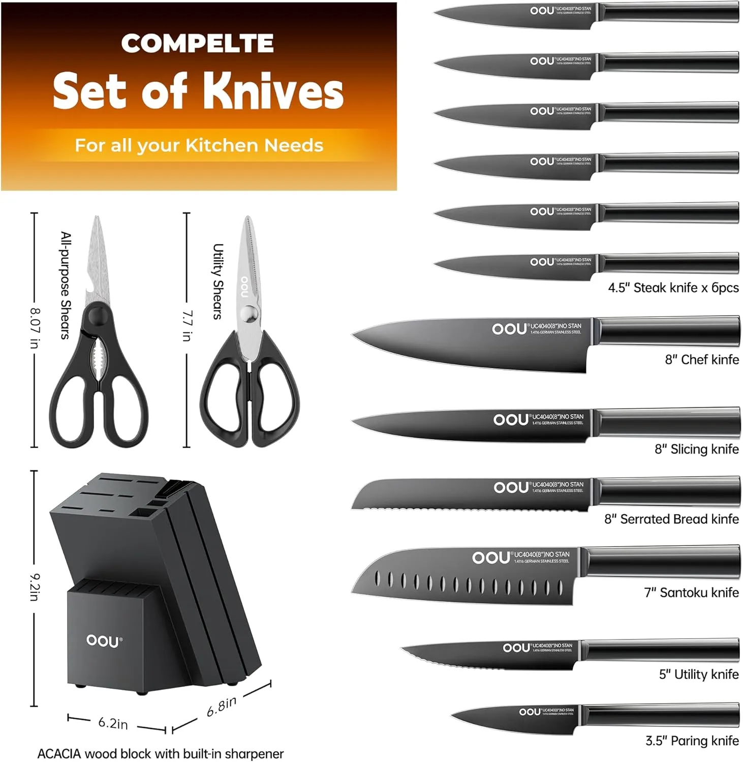 OOU Kitchen Knife Block Set - 15 Pieces High Carbon Stainless Steel Knife Block Set with Built-in Sharpening Blocks, Black