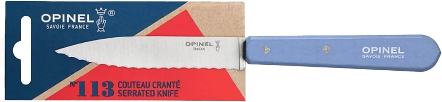 OPINEL Essential No.113 Serrated Paring Knife, Hornbeam Handles, Made in France (Blue)
