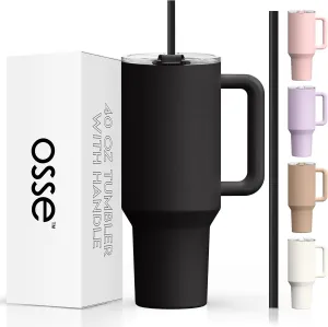 osse 40oz Tumbler with Handle and Straw Lid | Double Wall Vacuum Reusable Stainless Steel Insulated Water Bottle Travel Mug Cup | Modern Insulated Tumblers Cupholder Friendly (Black)