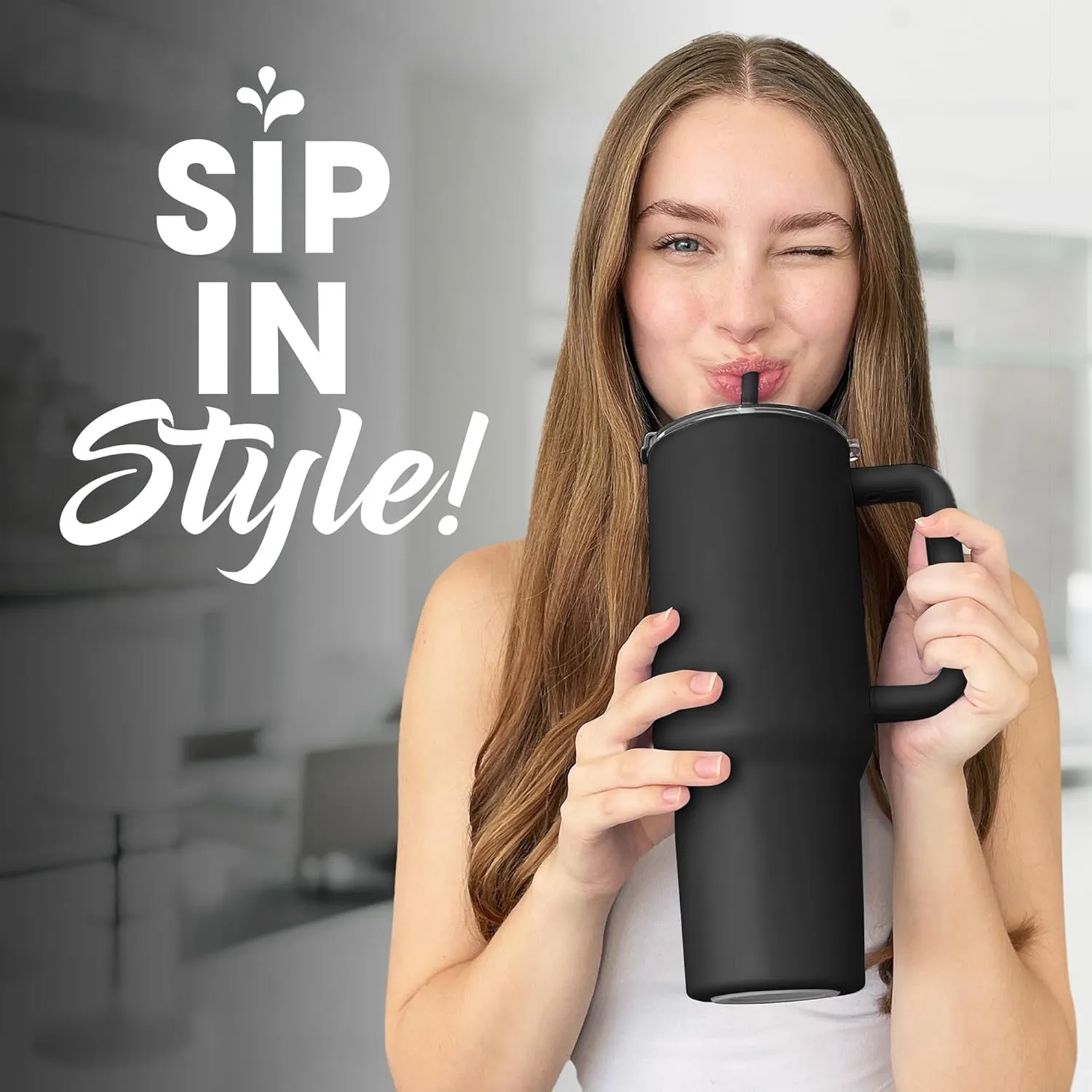 osse 40oz Tumbler with Handle and Straw Lid | Double Wall Vacuum Reusable Stainless Steel Insulated Water Bottle Travel Mug Cup | Modern Insulated Tumblers Cupholder Friendly (Black)