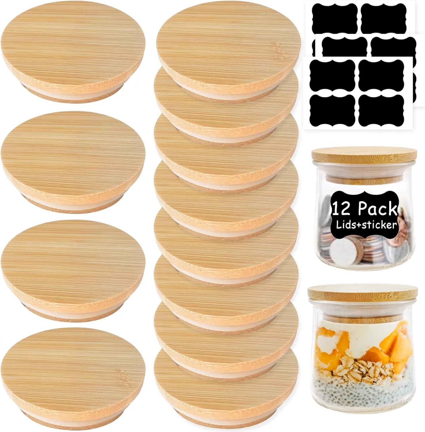 Oui Yogurt Jar Lids - 12 pack Oui Lids - Natural Bamboo Wood with Silicone Sealing Rings and Oui Yogurt Bottle Label,For 5 Oz Oui Yogurt Jars…
