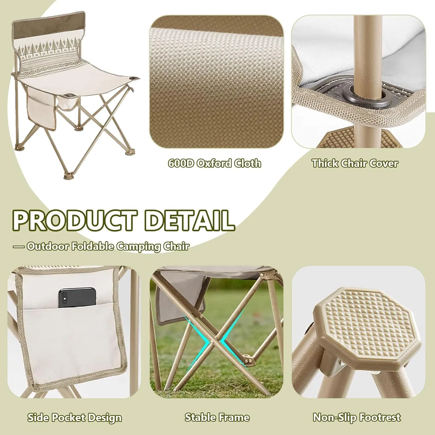 Outdoor Camping Chair with Side Pockets and Sturdy Steel Frame - Backpack Beach Chair for Camping, Lawn, Sports and Fishing