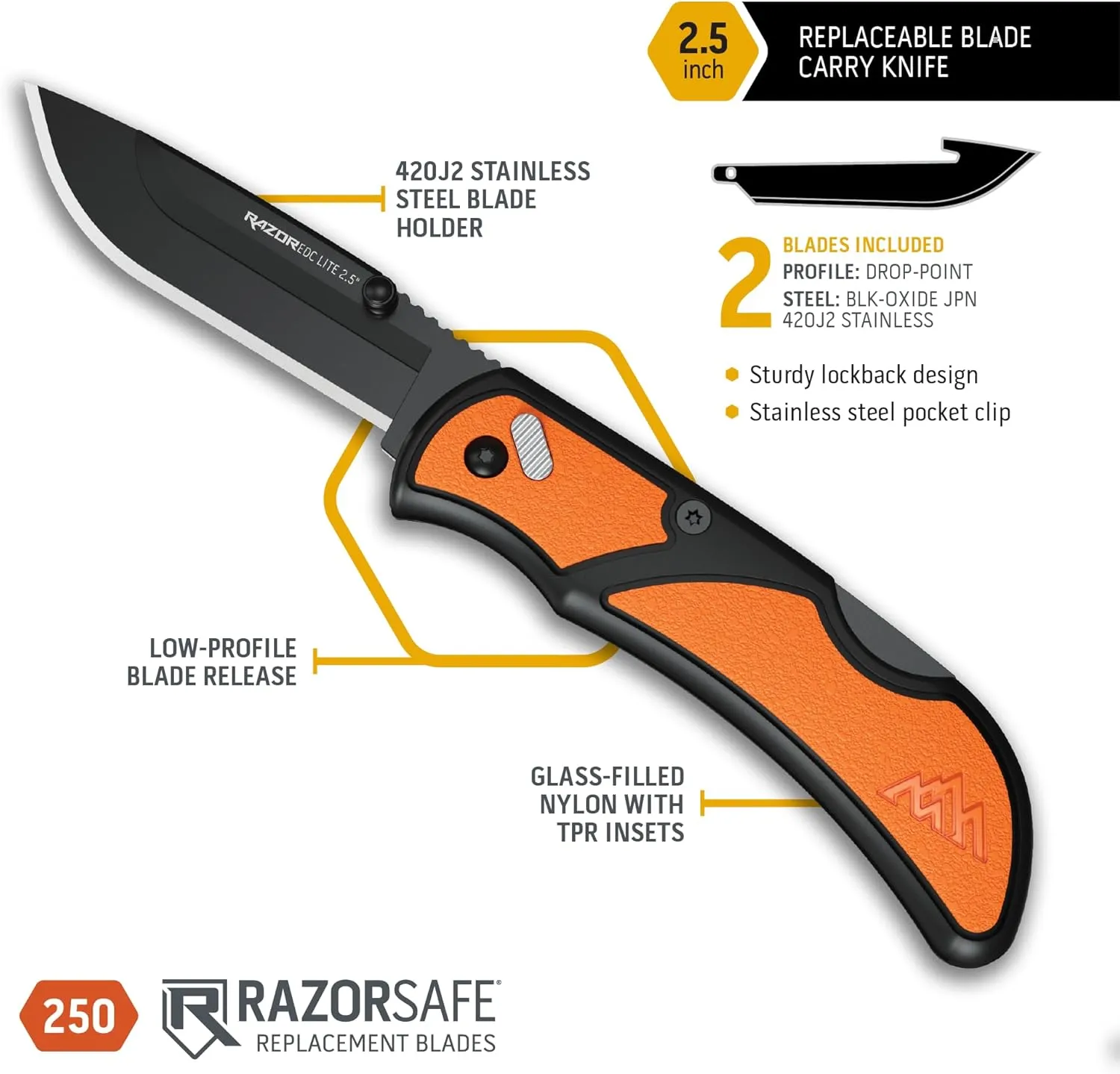 OUTDOOR EDGE Razor EDC Lite Folding Pocket Knife with Clip | Compact 2.5” Replaceable Blade Knife with RazorSafe Blades | Perfect Small Blade for Men, Women, Work & Camping (Orange, 2 Black Blades)