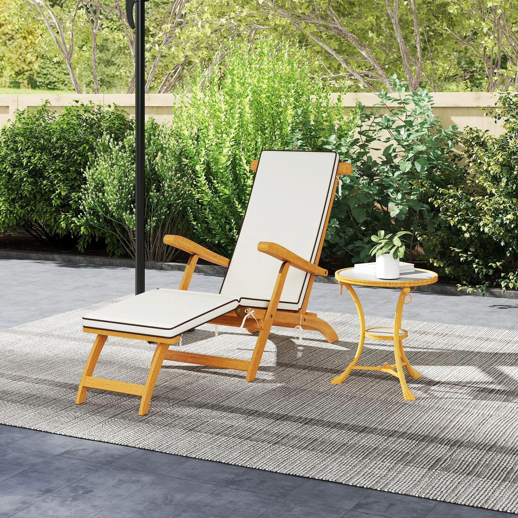 Outdoor Lounge Chair, Acacia Wood Folding Chaise Lounge Chair Recliner with Adjustable Footrest, Padded Cushion, Recline Back and Armrests for Patio Garden, White