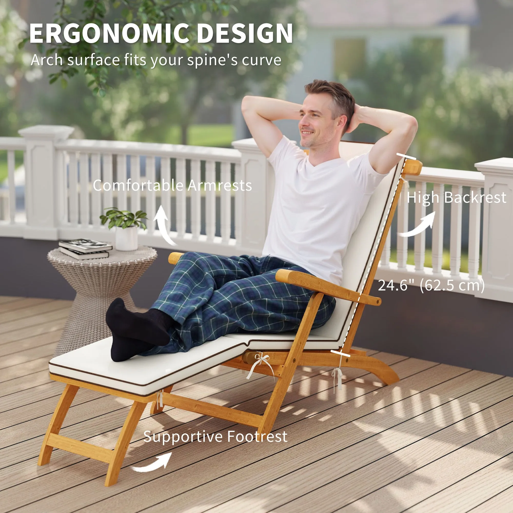 Outdoor Lounge Chair, Acacia Wood Folding Chaise Lounge Chair Recliner with Adjustable Footrest, Padded Cushion, Recline Back and Armrests for Patio Garden, White