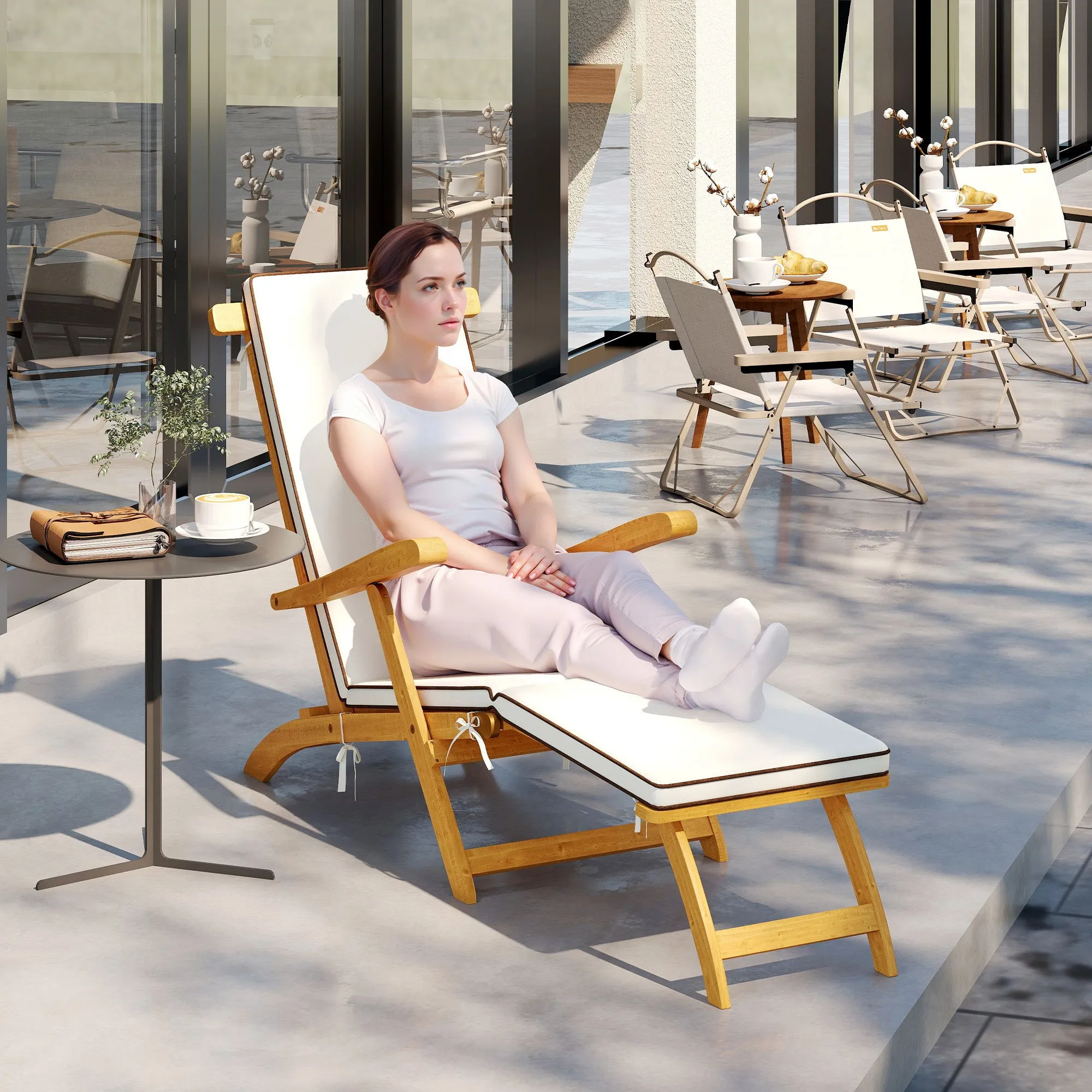 Outdoor Lounge Chair, Acacia Wood Folding Chaise Lounge Chair Recliner with Adjustable Footrest, Padded Cushion, Recline Back and Armrests for Patio Garden, White