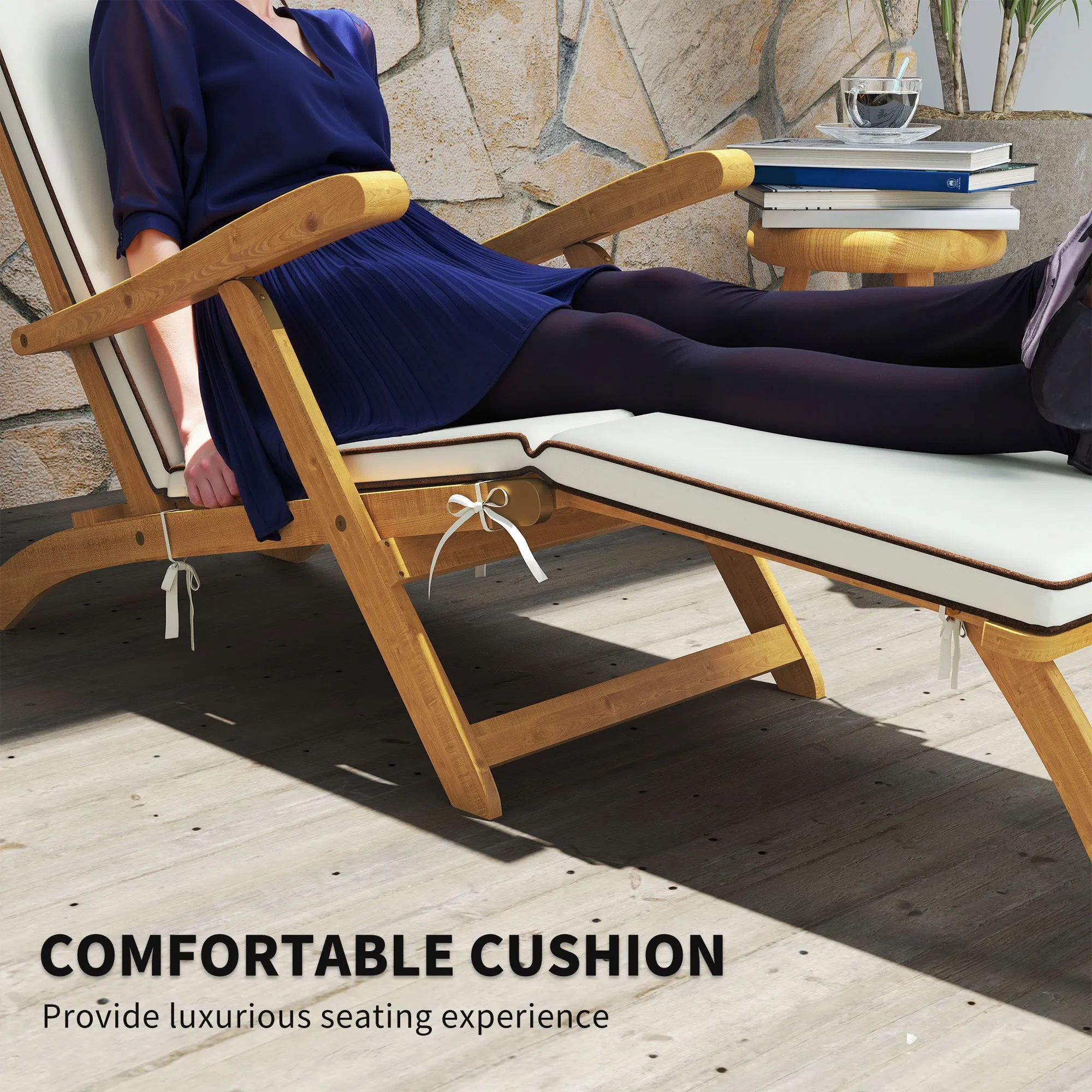 Outdoor Lounge Chair, Acacia Wood Folding Chaise Lounge Chair Recliner with Adjustable Footrest, Padded Cushion, Recline Back and Armrests for Patio Garden, White