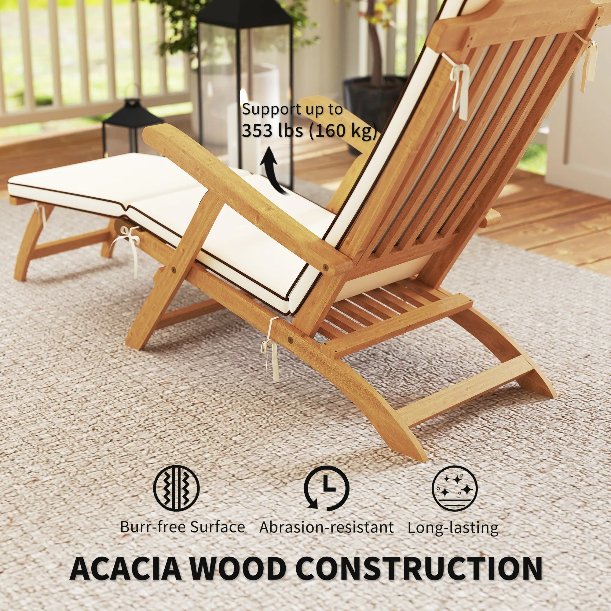 Outdoor Lounge Chair, Acacia Wood Folding Chaise Lounge Chair Recliner with Adjustable Footrest, Padded Cushion, Recline Back and Armrests for Patio Garden, White