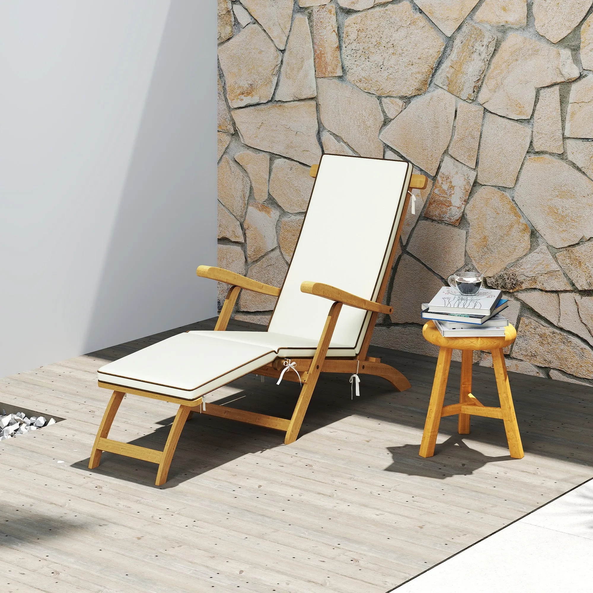 Outdoor Lounge Chair, Acacia Wood Folding Chaise Lounge Chair Recliner with Adjustable Footrest, Padded Cushion, Recline Back and Armrests for Patio Garden, White